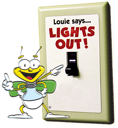 This is an illustration of Louie with a lightswitch that says, 