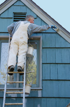 This is a photo of someone painting on a ladder.